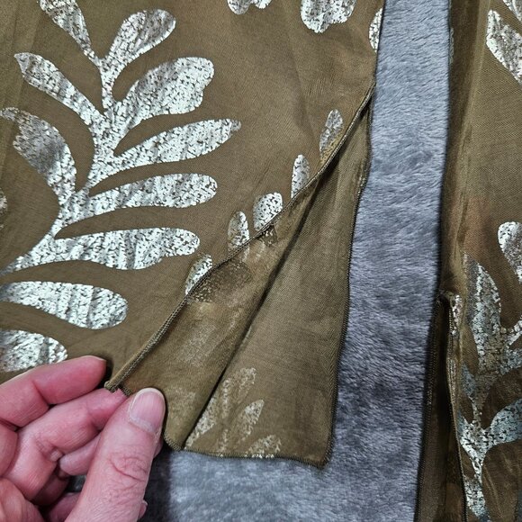 Hale Bob Cabana Top Medium Tan Silk Blend Metallic Silver Palm Leaf Beach Tunic - Picture 7 of 9